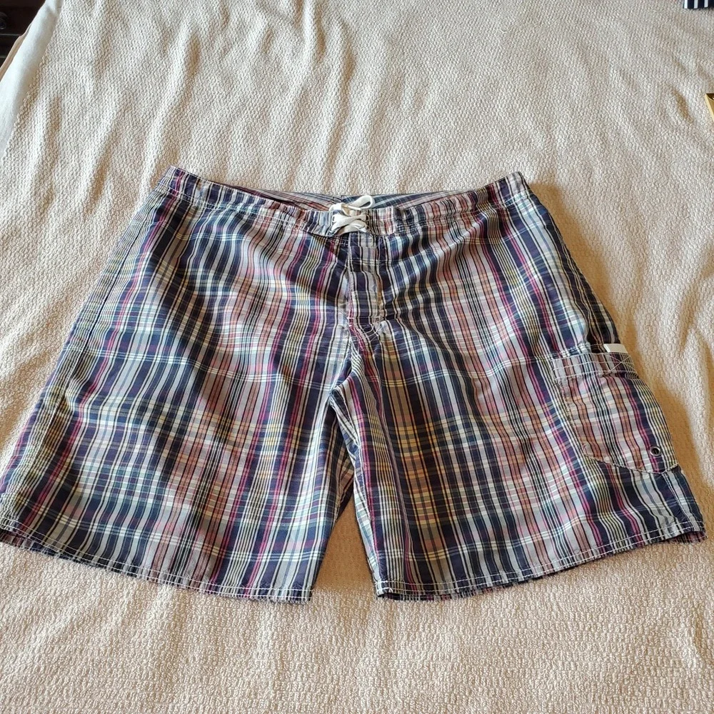 Polo Ralph Lauren Mens‎ Plaid Board Shorts Size 36 Madras Swim Trunks Cargo Navy